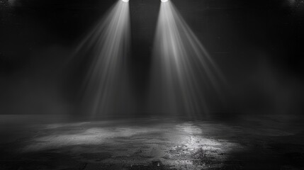 Spotlights Illuminate a Foggy Concrete Floor in a Dark Background