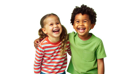 A lively image of two children, captured mid-laugh, standing together in a school hallway. Their genuine expressions of happiness and their casual, playful postures convey a deep and easygoing friends