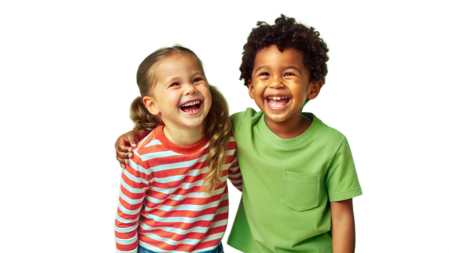 A lively image of two children, captured mid-laugh, standing together in a school hallway. Their genuine expressions of happiness and their casual, playful postures convey a deep and easygoing friends