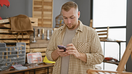 Handsome young man with beard using smartphone in a carpentry workshop room indoor