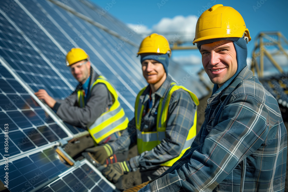 Wall mural three workers installing solar panels on a sunny day