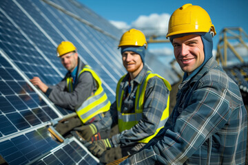 Three Workers Installing Solar Panels on a Sunny Day