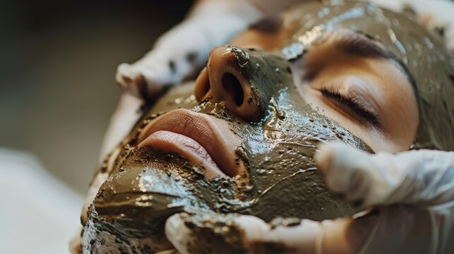 Macro shot of a guest receiving a signature mud wrap treatment, showcasing the therapeutic mud being applied.