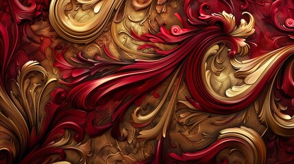 Golden and crimson fluid waves, baroque style, ornate patterns, luxurious feel, richly detailed