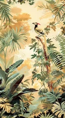Papier peint photo Jungle Modern wallpaper. Watercolor jungle illustration. Crane bird elements, watercolor painting wallpaper. Mural wallpaper. AI generated illustration  © Lytvyniuk
