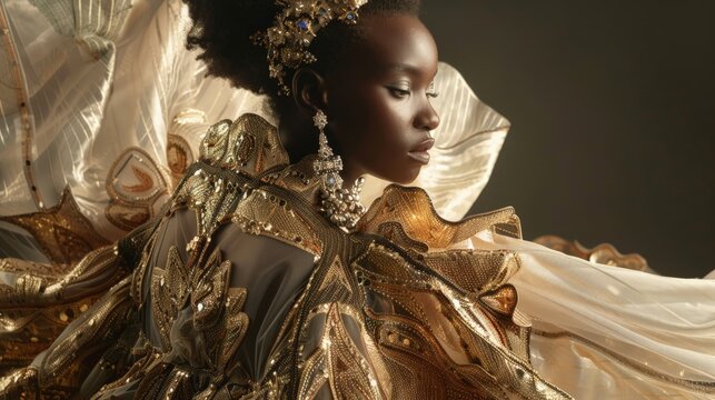 Elegant shot of an Ivorian grand boubou, focusing on the flowing fabric and detailed embroidery --ar 16:9 Job ID: d918abdb-2bd2-4ad5-8a61-e1b63853ac43