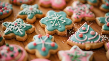 This image showcases a delightful assortment of colorful Christmas-themed sugar cookies, beautifully decorated with intricate icing designs of blue and pink snowflakes, stars, and Christmas trees.