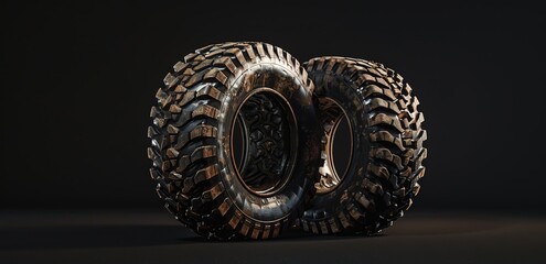 Obraz premium Two car tires on a black background