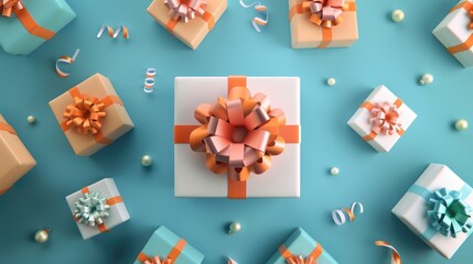 Birthday presents flat design top view gift theme 3D render Complementary Color Scheme