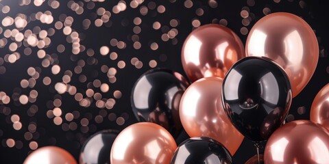 Black and Rose Gold Balloons Against Dark Background