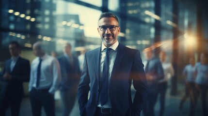 A confident business professional in a dark suit and tie, standing out sharply against a blurred background of colleagues in a modern, glass-walled office environment.