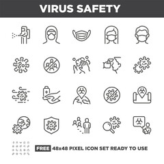 Virus Safety Related Simple Vector Line Icons. Contains such Icons as Protect virus, Washing Hands, Man and Woman Wearing Face Mask and more. Free 48x48 Pixel Ready To Use.