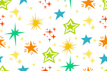 Colorful and various stars on  white background. Seamless pattern. Cut out stars and groups of stars in quirky shapes. Children's pattern. Vector illustration.