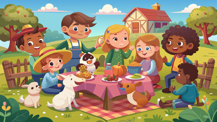 a-group-of-kids-on-a-farm-picnic--sharing-a-delici