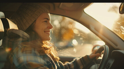 Fototapeta premium A young woman drives happily on a vacation.