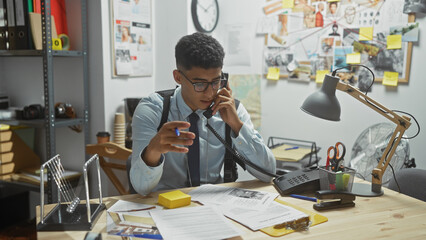 A young adult man analyzes documents and talks on the phone in a cluttered detective office.