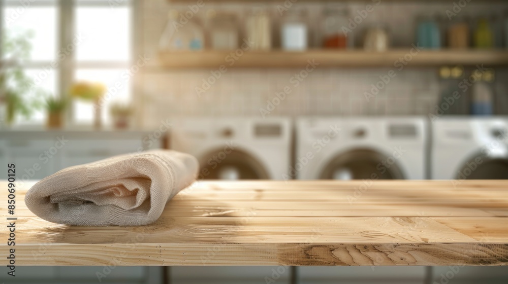 Wall mural A towel is laying on a wooden table in a kitchen