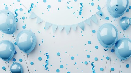 Celebration banner with light blue confetti and balloons