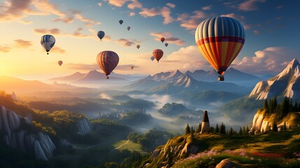 Obraz premium the mountains with air balloons flying over and sunlight, Hot air balloons flying in the sky during sunrise over beautiful landscape, colorful hot air balloon gently floats over the unique