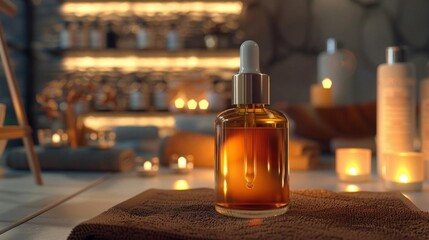 3D rendering of a facial oil advertisement A bottle of facial oil with a luxurious dropper, set against a background of glowing candles and spa accessories Warm, inviting lighting