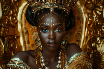 Obraz premium A portrait of a Black woman wearing a golden crown and jewelry, sitting on a golden throne.