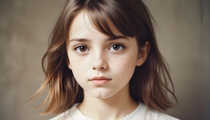 Naklejka premium Young serious black haired girl with copy space background header banner design poster