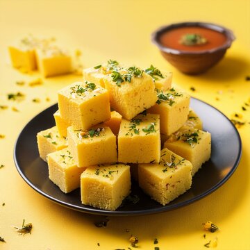 Indian traditional gujarati street food khaman dhokla on yellow background