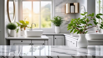 Serene Luxury: White Marble Tabletop and Blurred Bathroom