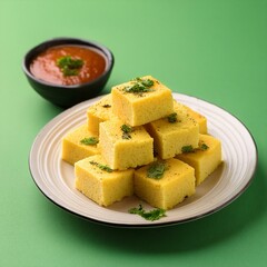Indian traditional gujarati street food khaman dhokla on green background