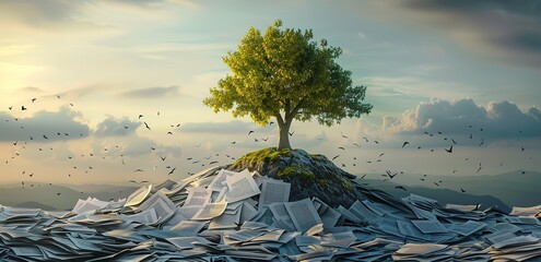 Illustration of a tree growing well on a mound of earth and white paper scattered around it against a cloudy sky