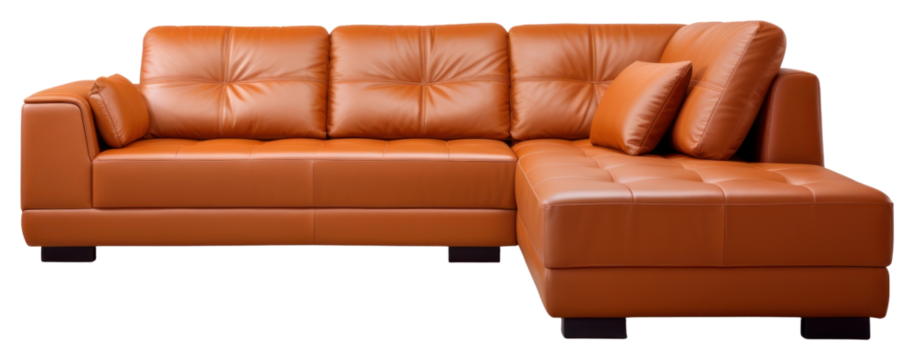 PNG Sectional leather sofa furniture cushion white background.