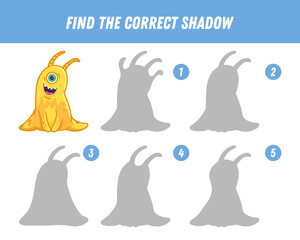 Find correct shadow of cute yellow monster. Educational logical game for kids. Halloween game. Cartoon monster. Vector