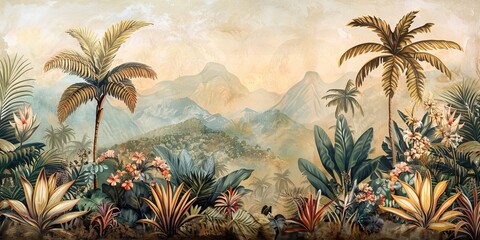 Tropical forest landscape wallpaper design - Mural wallpaper - 3D illustration. AI generated illustration