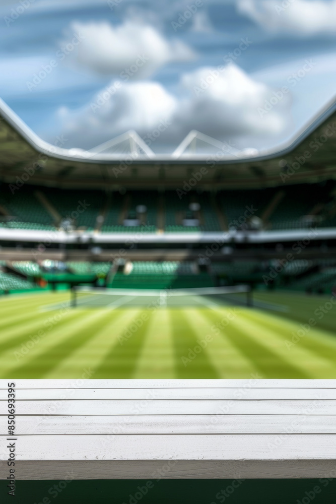 Wall mural a blank product display table top with tennis stadium blurred background