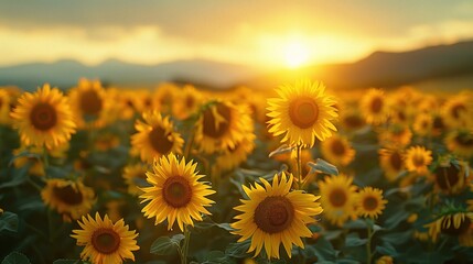 Obraz premium field of blooming sunflowers bathed in the warm glow of the sunset's golden light