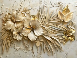 Gold floral plants and palm leaves Wallpaper Mural, 3d illustration, grey background, abstract tropical leaves, banana leaves with 3d lines. AI generated illustration