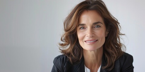 Fototapeta premium Portrait of a Smiling Mature Black-haired Businesswoman Looking at the Camera on a White Background. Representing Business Success and Professionalism in High-Resolution AI-Generated Wallpaper