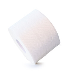 Side view of single tissue paper roll or toilet paper isolated on white background with clipping path
