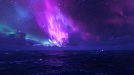 Blue and purple northern lights over an ocean poster with copy space