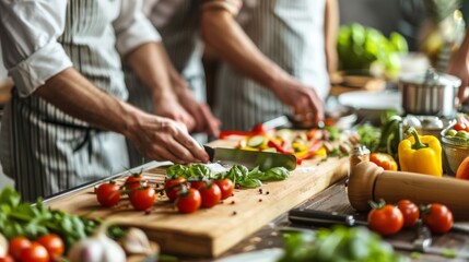 Two chefs are preparing food on a cutting board with a variety of vegetables inc