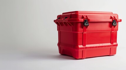 High-resolution shot of a red cooler box, white background, emphasizing its durability and capacity, product photography