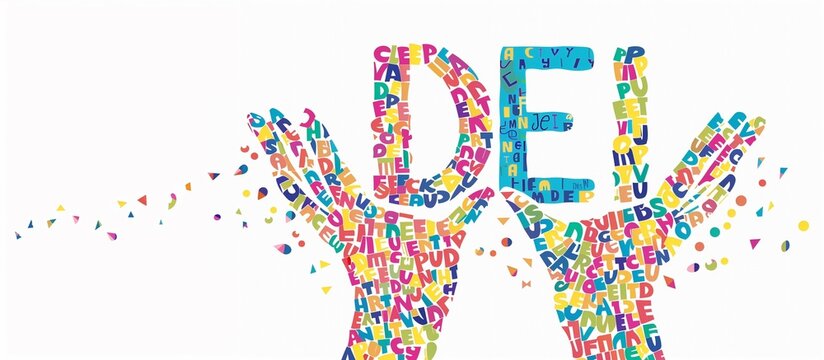 Illustration of Hands Holding the Letters "DEI" in Colorful Flat Design, Symbolizing Diversity, Equity and Inclusion  Among Diverse People on a White Background