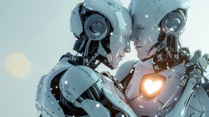 Fototapeta premium Modern robot with sleek silver body, heart-shaped projection, embracing another robot, technological romance