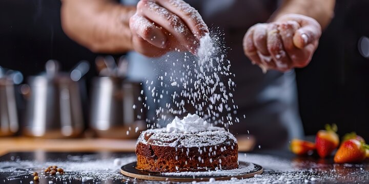 Chef cooking desserts in professional kitchen. Chef cook in a professional kitchen cooking cakes. Close up a cakes sprinkled with icing sugar