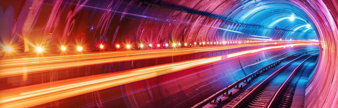 A train tunnel with two railroad tracks and long yellow lights and blue lights