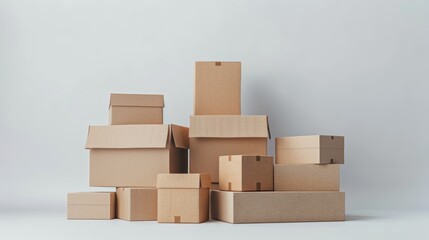 Towering Stack of Cardboard Boxes - Packaging and Shipping Supplies Concept on White Background