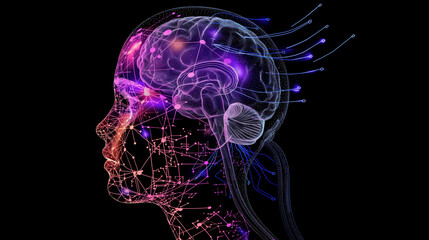 AI (artificial Intelligence) concept. Head side of woman with double exposure of digital immersive AI artificial intelligence interface over black background. Concept of machine learning. Copy space.