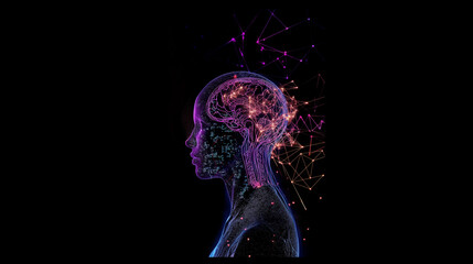 AI (artificial Intelligence) concept. Head side of woman with double exposure of digital immersive AI artificial intelligence interface over black background. Concept of machine learning. Copy space.