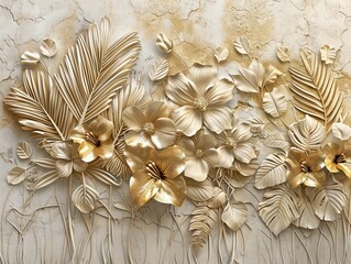 Gold floral plants and palm leaves Wallpaper Mural, 3d illustration, grey background, abstract tropical leaves, banana leaves with 3d lines. AI generated illustration