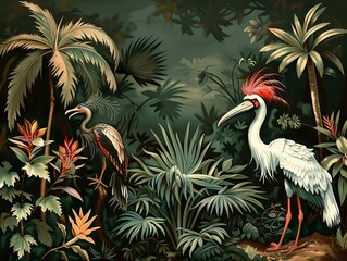 Illustration of tropical wallpaper print design with palm banana leaves and exotic birds on canvas texture. Tropical plants and birds on textured background. AI generated illustration